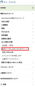 astro.comのメニュー表示（メニューの中の「出生データによるいろんなチャート」が表示されている画面）
