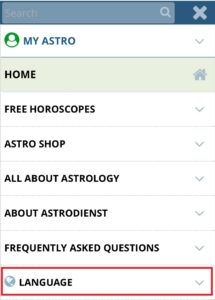 スマホのastro.comの表示言語切り替えメニューの画像