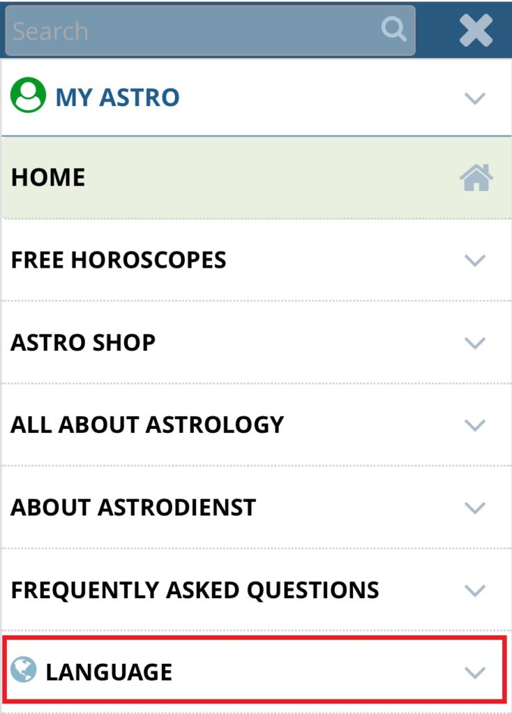 スマホのastro.comの表示言語切り替えメニューの画像