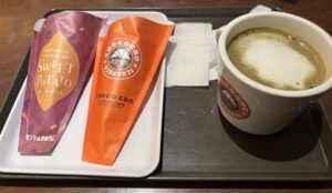 プレミアムチョコ クロスイートポテトと普通のチョコクロ、ほうじ茶ラテ
